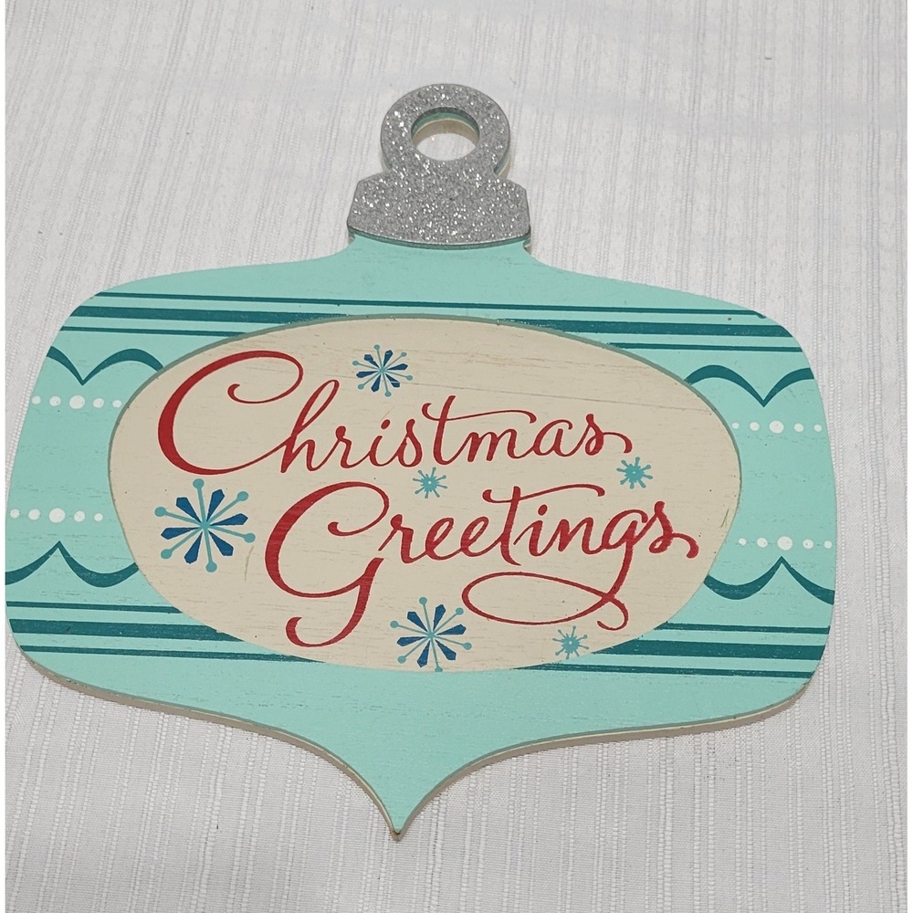 Christmas Greetings Wood Ornament Sign Mid Century Modern Mint Green Hobby Lobby